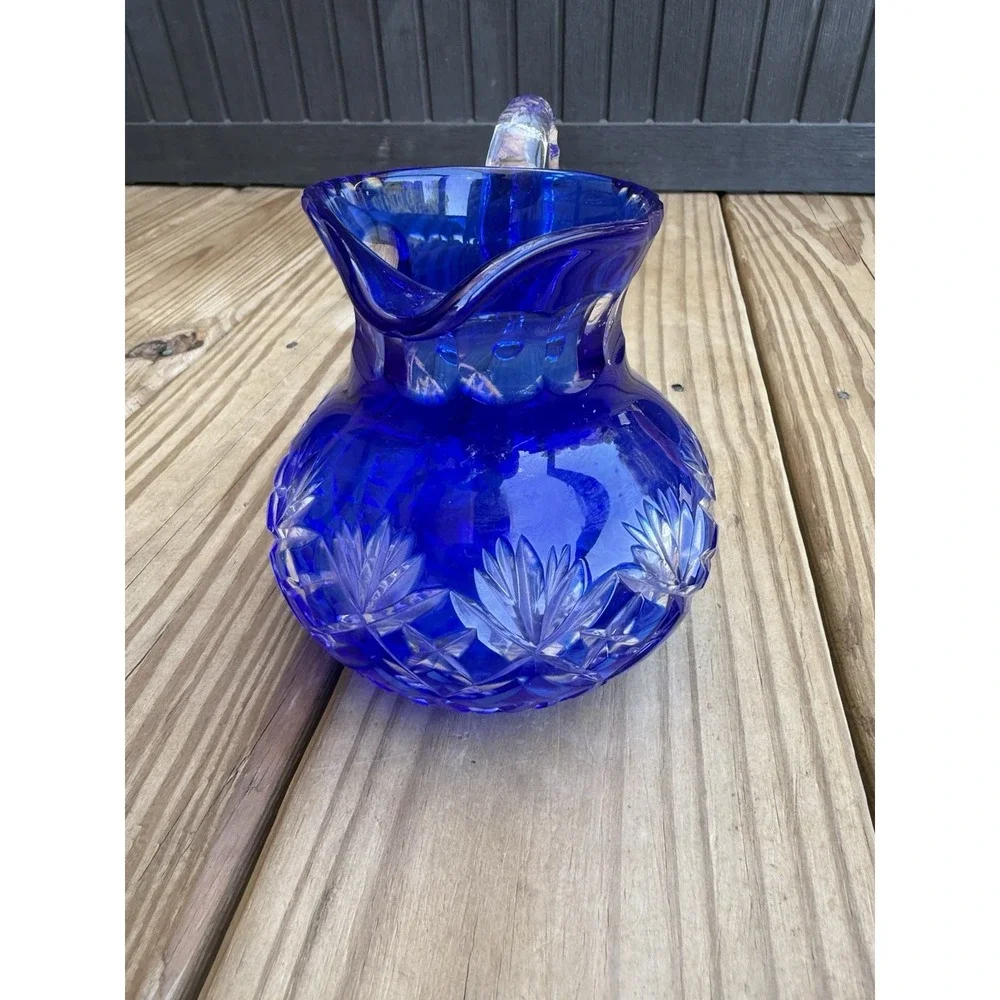Vintage Bohemian Cobalt Blue Cut To Clear MCM Atomic Starburst Vase Pitcher 5